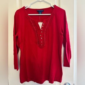 Karen Scott Red shirt featuring 3/4 sleeves and jeweled buttons